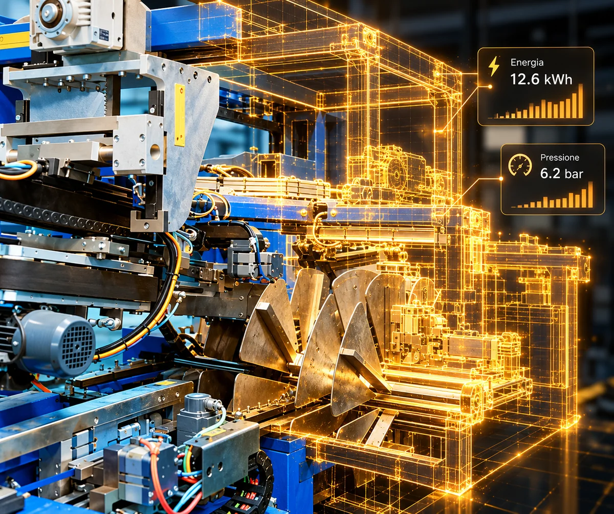 Digital twin: un macchinario industriale e il suo gemello digitale in wireframe, con i dati di energia e pressione in tempo reale