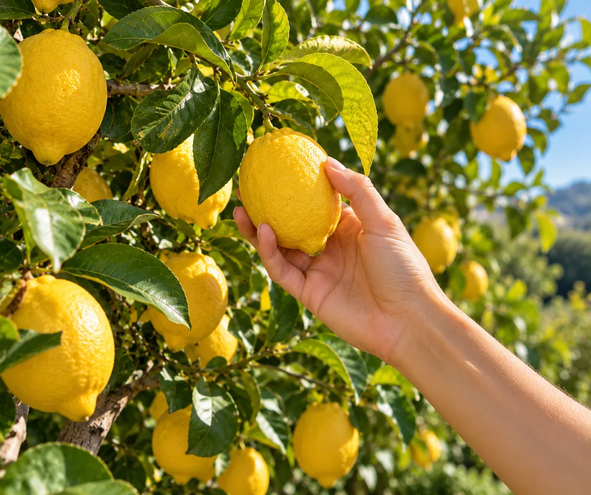 A hand picking a ripe lemon from a tree laden with fruit, in the sun